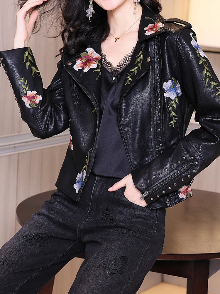 New Spring Autumn Women's Leather Jacket  Floral Print Embroidery